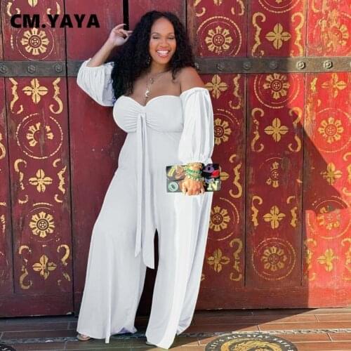 CM.YAYA Women Plus Size Jumpsuit Solid Off Shoulder Full Sleeve Wide Leg Jumpsuits Fashion One Piece Overalls Summer Outfit 2021