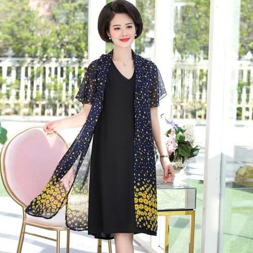 Women Summer Suits Elegant Floral Printed Shirt Two Pieces Dress Lady Chiffon Cardigan Twin Sets