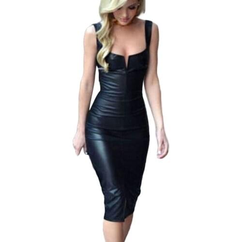 Women Shiny Pencil Work Dress Elegant Bodycon Sleeveless Club Party Dresses Leather Black Sleeveless Formal Dresses Vestido L3
