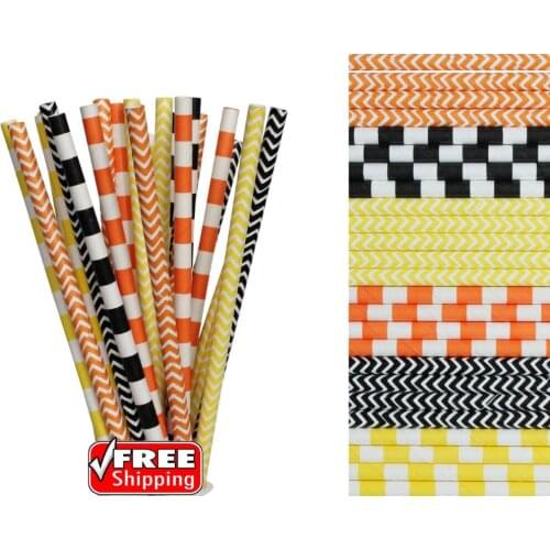 150pcs Mixed 6 Designs Orange,Yellow and Black Themed Paper Straws-Chevron,Sailor Striped Fall Carnival Halloween Party Decor