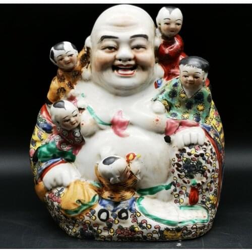 20.5 cm */ Delicate Chinese Colorful Porcelain Buddha and Lovely Children Auspicious Statue
