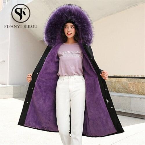 2019 Winter Coat Women Thick Warm Fashion Faux Rabbit Fur Coat Loose Plus size Fur collar Hooded Parkas Womens Casual Long Coats
