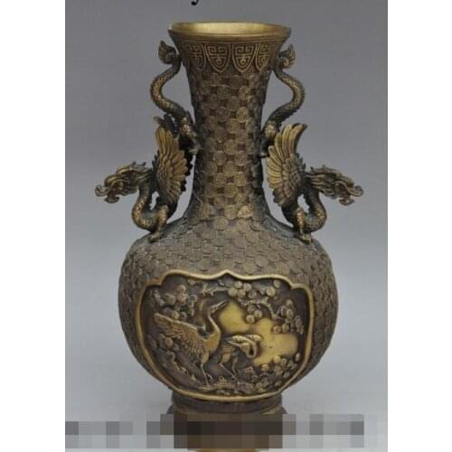 Free shipping S00448 15"China palace bronze dragon phoenix Crane Statue Zun Cup Bottle Pot Vase Jar