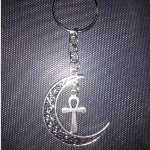 Moon & Ankh cross Keychain-Fashion jewelry Tibetan silver charm pendant key chain ring DIY Fit Keychain Fast shipping D368