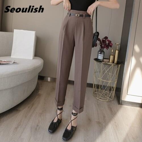 Seoulish 2021 New Spring Summer Formal Womens Harem Pants with Belted High Waist Female Workwear Elegant Ankle Length Trouses