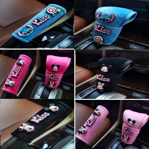 2pcs Disney Mickey Mouse Car Handbrake Cute Grip Covers Gear Shift Knob Cover Handle Plush Sleeve Winter Soft Warm Hand Brake