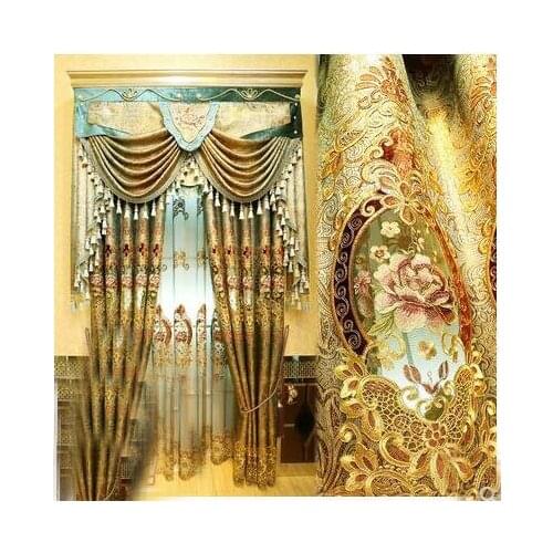 European curtain living room finished luxury air floor curtain golden embroidered jacquard villa curtain fabric