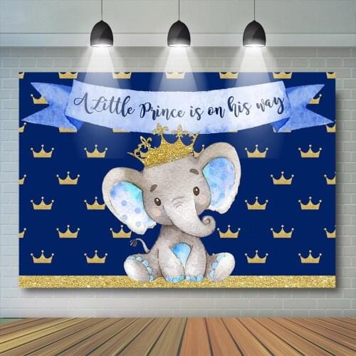 Royal Blue Baby Shower Backdrops Boy Elephant Repeat Crown Banner for Photoshoot Little Prince Baby Shower Party Decoration