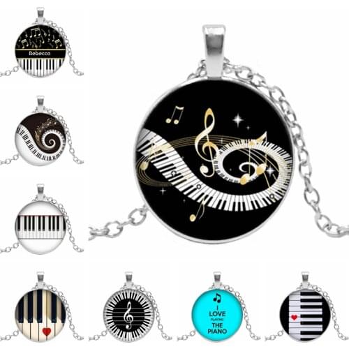 Hot! New Heart-shaped Piano Love Pattern Pendant Round Glass Convex Piano Keyboard Glass Dome Demonstration Necklace Jewelry