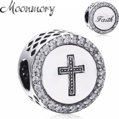 Moonmory Authentic 925 Sterling Silver Cross Faith Letter Beads Charms Fit Snake Bracelets Crystal Beads For Fine Jewelry Making