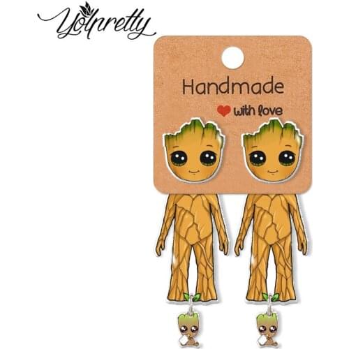 2021 New Kawaii Groot Plant Ghost and Baby Groot Loves Milk Epoxy Print Handcraft Acrylic Stud Earrings
