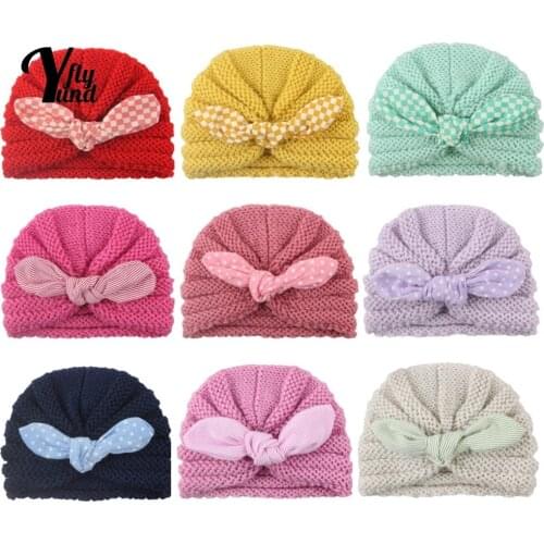Yundfly Toddler Solid Color Striped Knitting Wool Hats Fashion Dots Bunny Ears Infant Caps Children Warm Bonnet Birthday Gifts