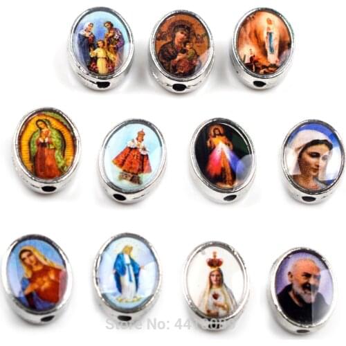 Religious Alloy Bead Color Picture Saint Holy Figures Oval Shape Catholic Beads