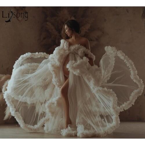 Luxury Bridal Tulle Robes Dress Long Sheer Women Tulle Maternity Robe Dressing Gowns Dresses Ruffled Tulle Photo Shoot Dress