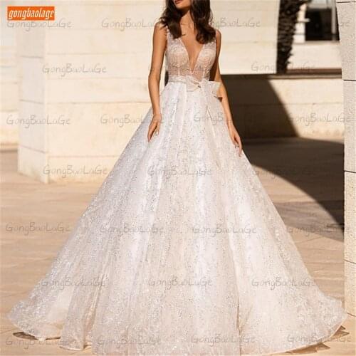 Luxurious Lace Wedding Dresses Ivory 2021 Backless vestido de noiva V Neck Court Train свадебные платья Custom Made Bridal Gowns