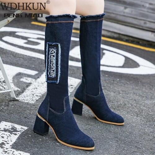 WDHKUN Vintage Denim Elastic Knee High Boots Women 2020 Slip on Metal Thick High Heels Long Boots Woman Casual Tassel Shoes 41