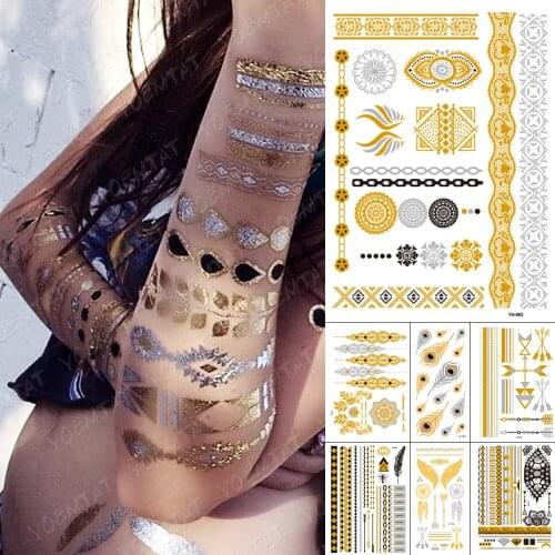 Waterproof Temporary Tattoo Sticker Chain Bracelet Henna Gold Silver Metallic Flash Tatoo Boho Party Jewelry Glitter Body Art