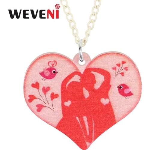 WEVENI Valentines Day Acrylic Sweet Red Heart Shape Couple Necklace Pendant Fashion Chain Jewelry For Women Girls Charms Gifts