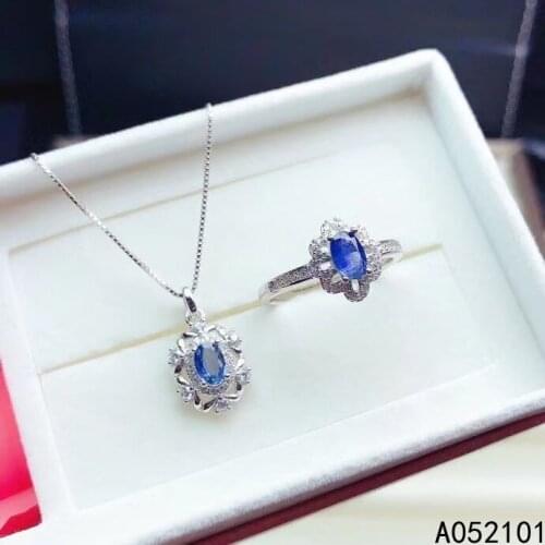 KJJEAXCMY Fine Jewelry 925 sterling silver inlaid natural sapphire girl lovely necklace pendant ring set support test with box