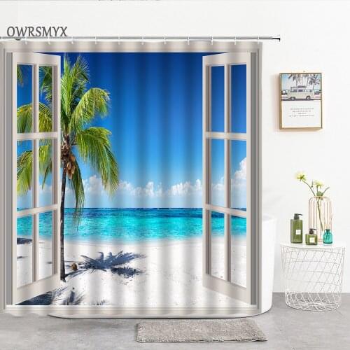 Window Ocean Beach Coconut Tree Landscape Shower Curtains Natural Scenery Bath Decor Curtain Bath Accessories Bathroom Products