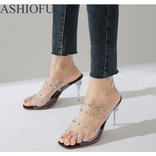 ASHIOFU Handmade Ladies High Heel Sandals Rivets Spikes PVC Leather Summer Shoes Peep-toe Fashion Party Prom Sandals Shoes