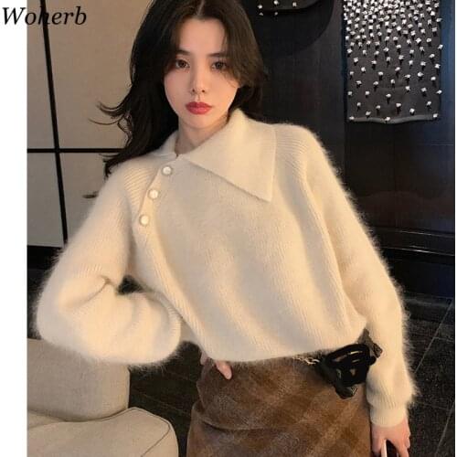 Woherb Women Cashmere Sweater Korean Style Knitted Casual 2021 New Autumn Female Loose Asymmetrical Pullovers Pull Femme