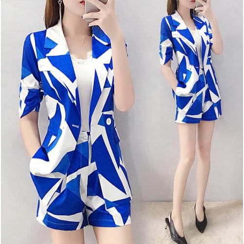 2020 New Office Lady Casual Short Suits Summer Ladies Print Short Sleeve Blazer and Shorts Set Women Workwear 2 Peice Set L107