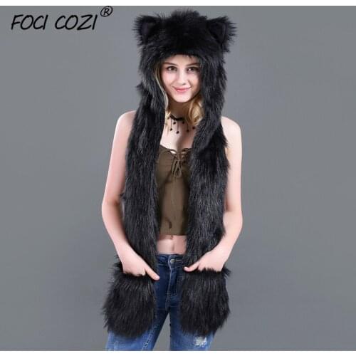 2019 Fashion Black Hoods Animal Faux Fur Hat Cap Women Lady Winter Stuffed Animal Hat Faux Fur Cute Cartoon Caps with Mittens