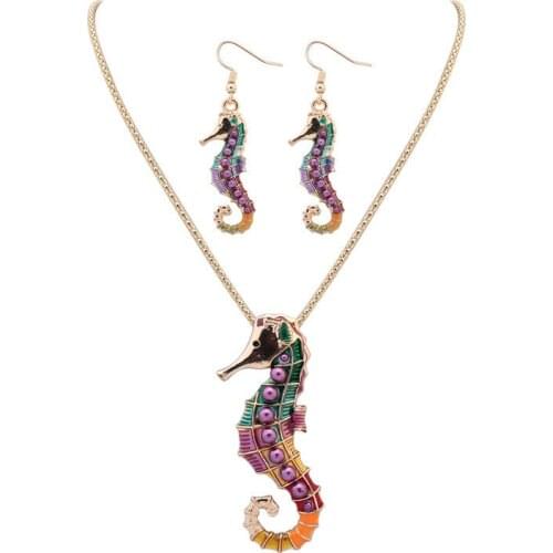 2020 New Fashion Gold Color Enamel Sea Horse Jewelry Sets For Women Colorful Animal Hippocampus Necklace Earrings Set Party Gift