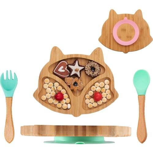 3PCS Baby Feeding Bowl FOX Natural Bamboo Suction Bowl with Silicone Spoon Set Fits Most Highchair Trays Childrens Dishes Dishe