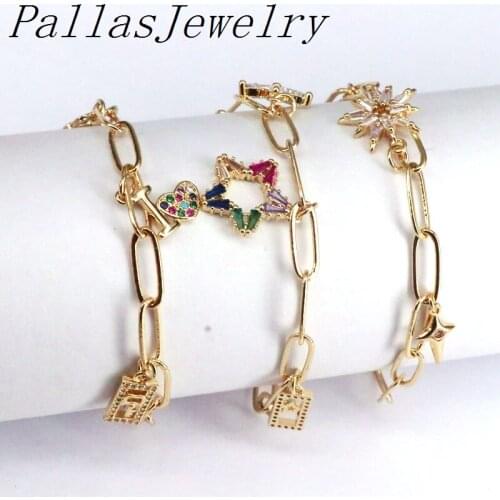 6Pcs Link Chain Bracelet, Micro Paved CZ Charm Adjustable Chain Bracelets For Women Girls Jewelry Gift