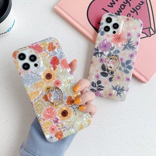 Diamond Ring Stand Conch Shell Colorful Rose Flowers Cases For iPhone 12 11 Pro Max XR X Max 7 8 Plus Floral Smooth Phone Case