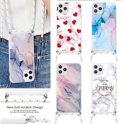 Fashion Cross Shoulder Strap Marble TPU Case For iPhone 12 11 Pro Max XS Max XR X 7 8 6 S Plus 5 SE2 Necklace Lanyard Soft Cover