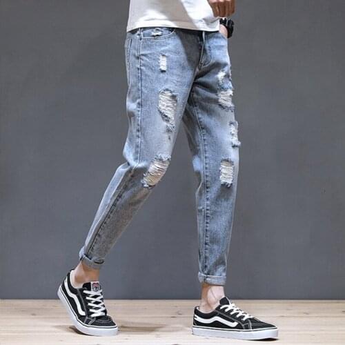 Wholesale 2020 teenagers Denim Mens jeans trendy brand thin Slim feet summer wild Korean casual hole beggar Ankle length pants