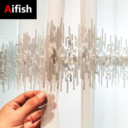 French Luxury Embroidery Sequins Tulle Curtains for Living Room Pearls Sequins Curtains Yarn for Bedroom Customized Cortinas 2