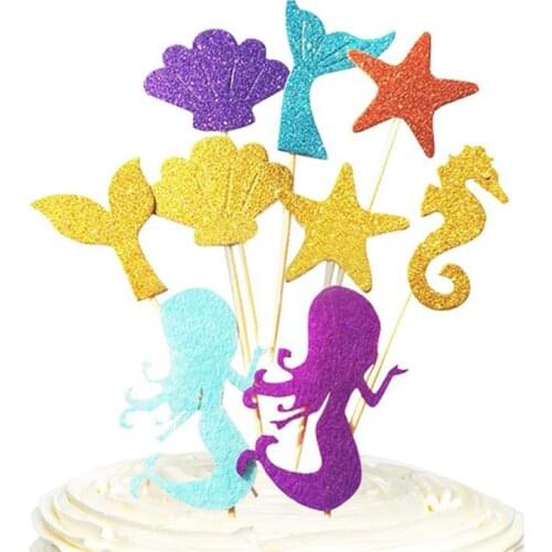 FunPa 52PCS Cake Topper Glitter Mermaid Seashell Seahorse Starfish Shape Cupcake Topper Cupcake Pick Party Decor