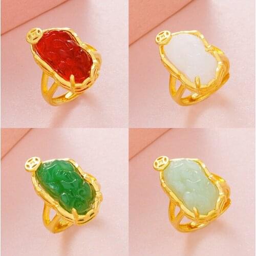 Pixiu Ring 24K Gold Plated Rings for Women Men Big Imitated Gemstone Birthday Statement Engagement Wedding Ring Jewelry Gift