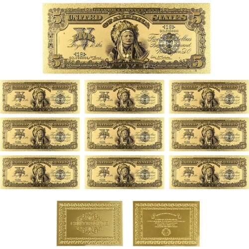 Collectible American Gold Banknote 1899 Year 5 Dollar Color Banknotes 24KT 99.9% Gold Money Replica for Gift 10pcs