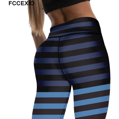 FCCEXIO New Leggings Women Chromatic Stripe Grain Printing Legging Sexy Silm High Waist Stretch Trouser Pants Женские штаны