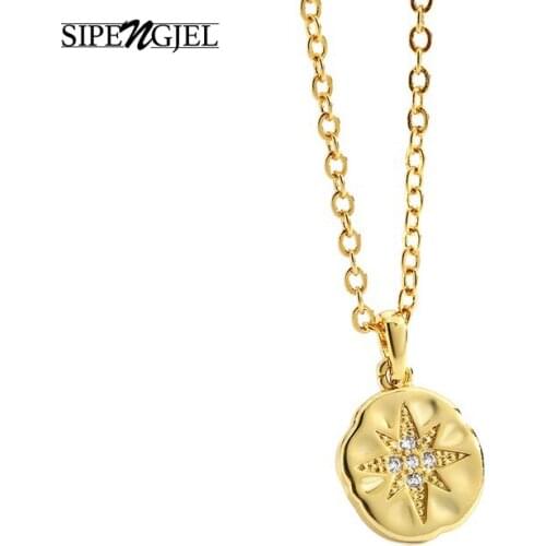 Fashion Cubic Zirconia Round Pendant Necklace Gold Chain Geometric Vintage Star Choker Necklace For Women Ins Jewelry 2020
