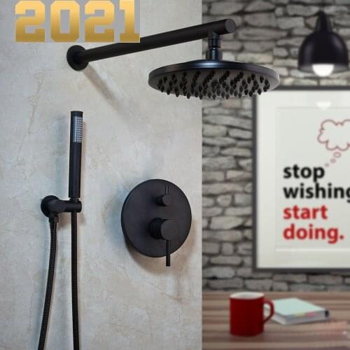 Monite 8 Inch Matte Black Round Modern Rainfall Wall Mounted Bathroom Shower Faucet Sets Shower Head & Hand Shower Set