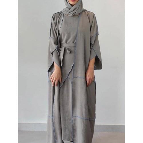 Women Fashion Muslim Sets 3 Piece Matching Outfit Sleeveless Dress Wrap Skirt Bat Wing Sleeve Kimono Open Abaya Dubai Arab Turk