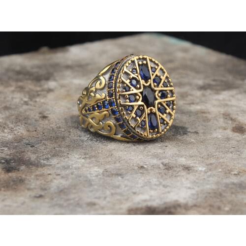 925 Sterling Silver Blue Micro Zircon GemStone Men Silver Ring, Vintage Silver Ring For Men, Handmade Engraved Mens Ring