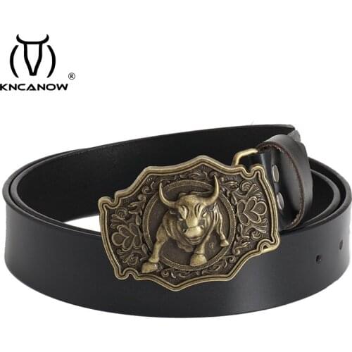 High Quality Men Genuine Leather Belt Vintage Brass Bull Cowboy Strap Buckle Male Jeans Waist Yellow Belts For Men Wide Belt