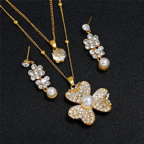 Luxury Female White Pearl Jewelry Set Charm Gold Color Dangle Earrings For Women Dainty Crystal Flower Wedding Chain Necklace