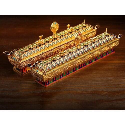 Sanskrit Incense Stick Burner Alloy Buddhist Tibetan Indoor Painted Meditation Engraving Tantric Smoke Supply Furnace Ornaments
