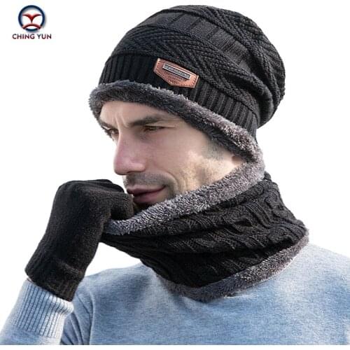 Winter New Mens Knitted Hat plus velvet warm mens outdoor Hats Fashion Double Thick Three-piece knitted wool hat scarf gloves