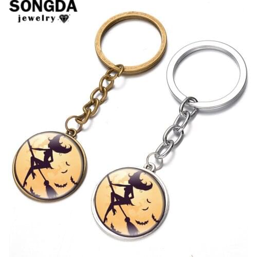 SONGDA Halloween Night Sexy Witch Keychain Flying Witch Glass Gem Silver Color Key Chain Victorian Charm Key Ring Sleutelhanger