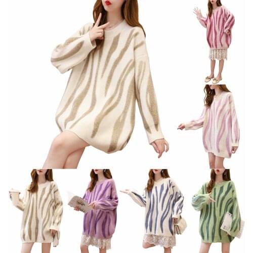 Sweater jacket womens kawaii cute lazy style striped round neck long-sleeved knitted pullover autumn loose casual sweater top