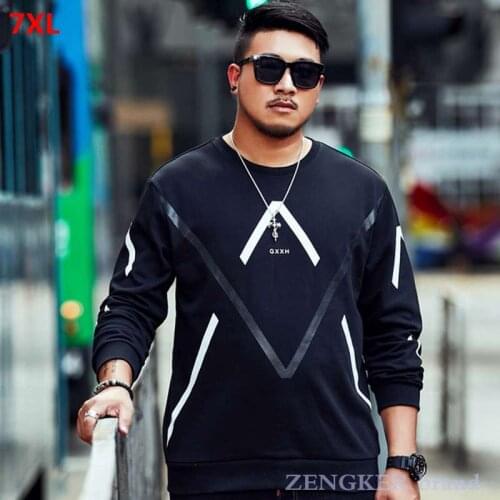 Large size mens Hoodies 7XL 6XL round neck pullover plus size black long sleeve round neck striped casual top